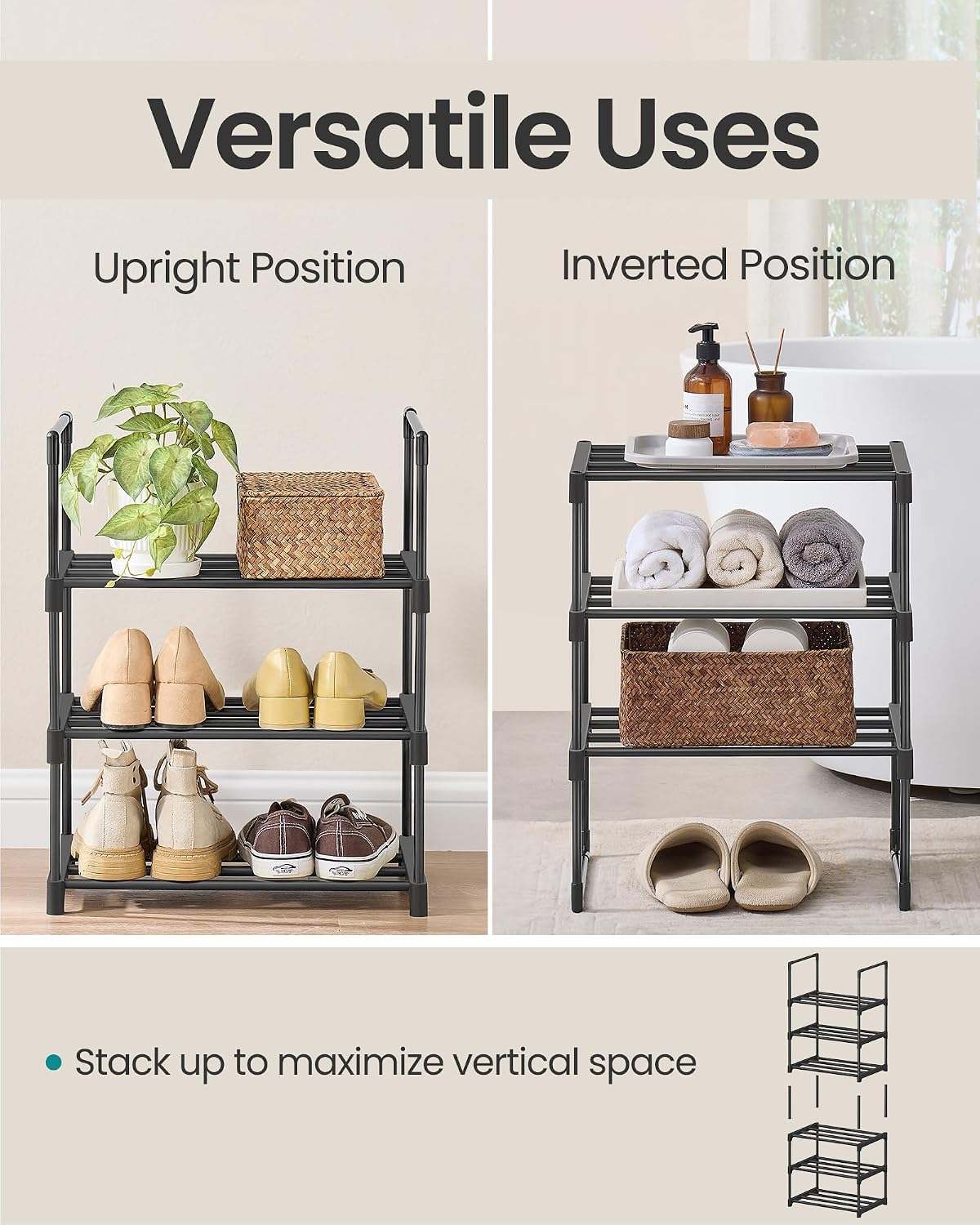 SONGMICS Shoe Rack, 6-Tier Shoe Organizer, Metal Storage Shelf, Upright or Upside Down, for 24-30 Pairs, Stackable, for Entryway, 11.8 x 36.2 x 42.7 Inches, Black ULSA306BH01