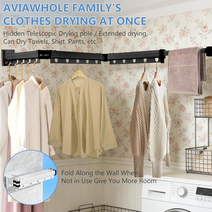 Clothes Drying Rack Wall Mounted with Suction Cup, Drying Racks for Laundry | 3-Fold Laundry Hanger Dryer Rack Space Saver, Retractable Laundry Rack for Mudroom, Wardrobe, Bathroom & Balcony