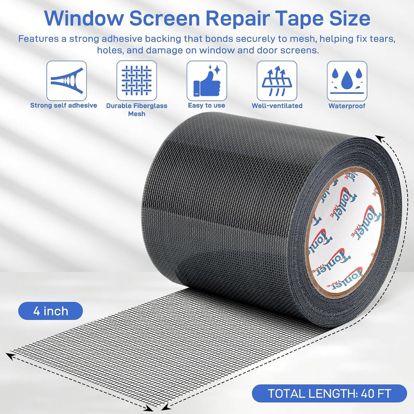 Window Screen Repair Tape 2 in x 40 FT Fiberglass Strong Adhesive Screen Patch, Waterproof Mesh Repair Kit for Window & Door Screen Holes Tears - Gray