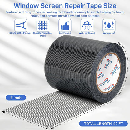 Window Screen Repair Tape 2 in x 40 FT Fiberglass Strong Adhesive Screen Patch, Waterproof Mesh Repair Kit for Window & Door Screen Holes Tears - Gray