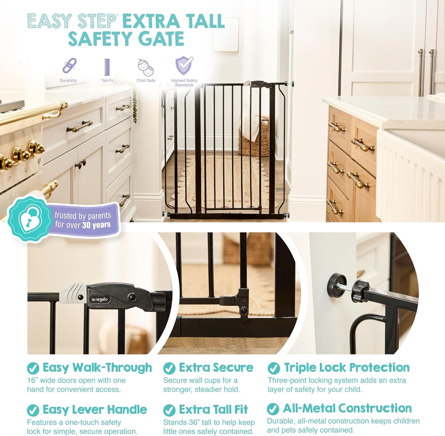 Regalo Safety 29-38.5" Baby Gate for Doorways & Bottom of Stairs, Pressure Mounted Baby Gate with Door for Babies, Toddlers & Pets, Tested & Safe for 30 Years, American Designed, American Owned, White