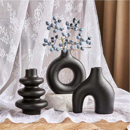 White Ceramic Vases Set of 3, Minimalist Nordic Modern Style, Round Donut Vase for Dried Flowers, Pampas Grass & Fresh Blooms,Boho Home Decor for Table Shelf Living Room Office (White)