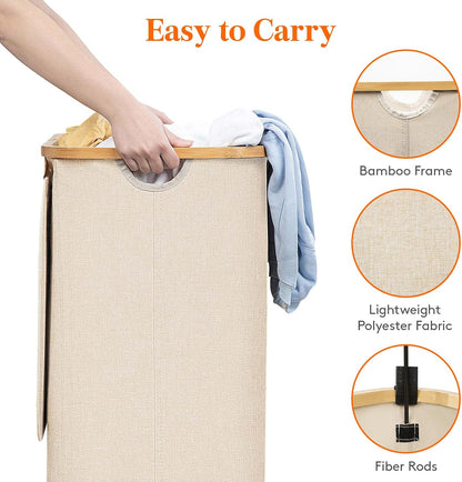 Lifewit 120L Laundry Basket with Lid, Clothes Hampers for Laundry with Bamboo Handles and 2 Removable Bag, Large Foldable Laundry Hamper for Bedroom, Bathroom, Dorm, Laundry Room, Beige