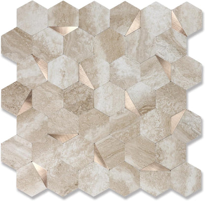 10-Sheet Heavy-Duty Hexagon Peel and Stick Backsplash, Thick Waterproof &Heat Resistant Stick on Wall Tiles, Slate Beige Mosaic for Kitchen & Bathroom, Strong Adhesive Permanent PVC Tiles