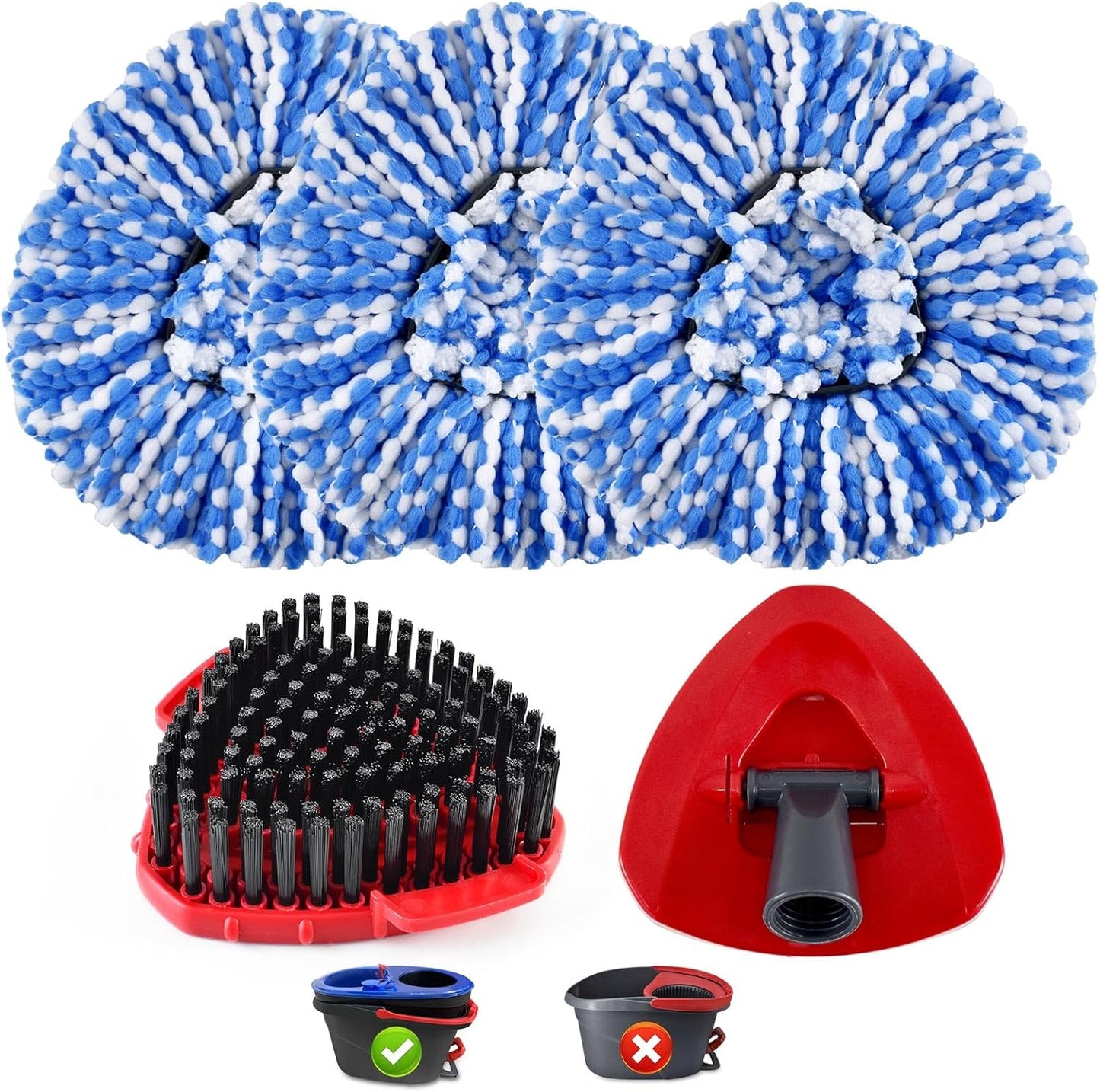 Mop Heads Replacements for Ocedar, Spin Mop Replacement for O-Cedar EasyWring 2 Tank System Mop Refills, Include 3 Pack Heads, 1 Scrub Brush & 1 Base Combo