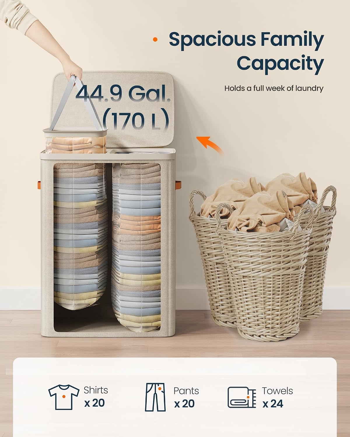 SONGMICS HOME Laundry Hamper with Lid, 2 Section Laundry Basket with Removable Liners and Handles, Foldable Clothes Sorter for Bedroom, Bathroom, Beige