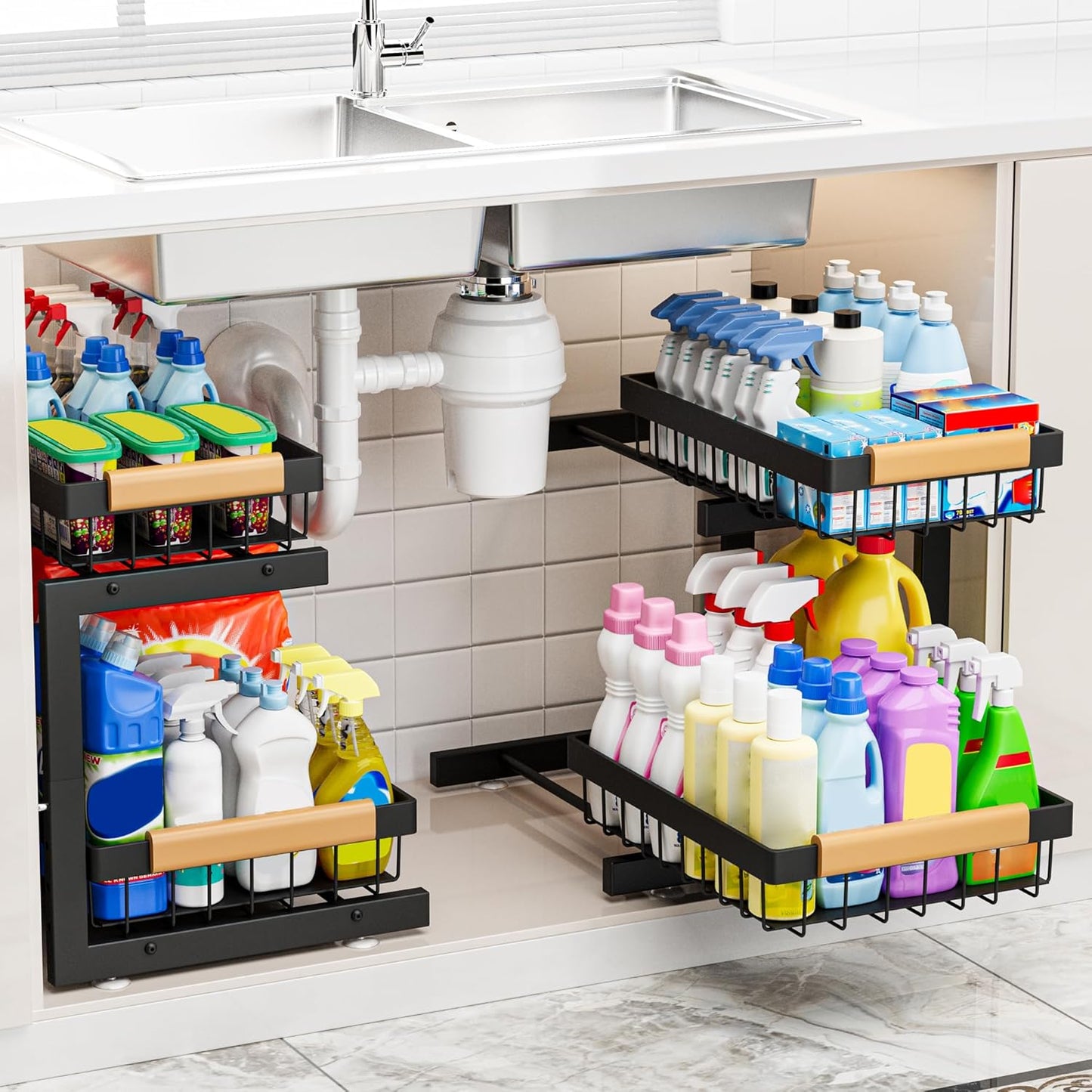 ADBIU Under Sink Organizer 2 Pack, Adjustable Height (11"-15.75") Under Cabinet Storage, 2 Tier Pull Out Sliding Drawers for Kitchen Bathroom, Heavy Duty Metal Shelf, White