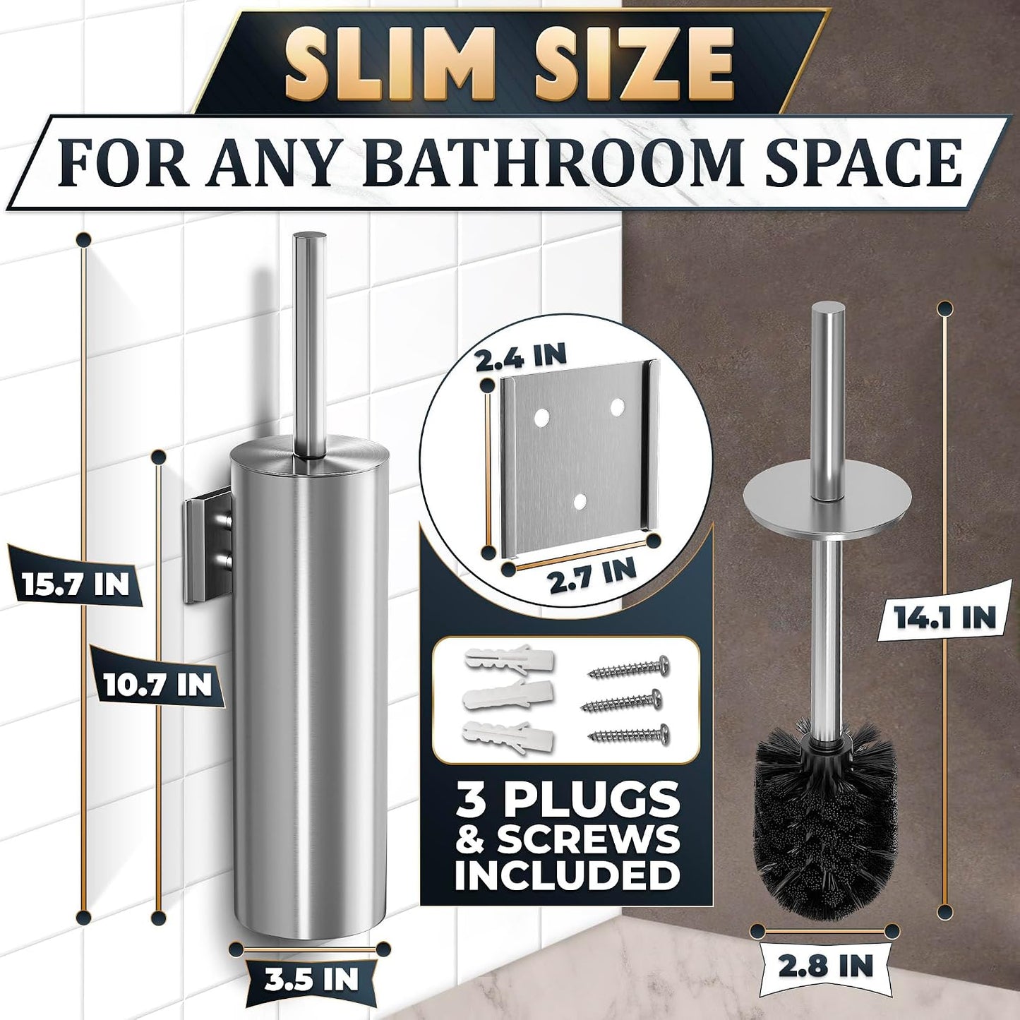Black Toilet Brush and Holder Set - Slim Matte Design that Fits Anywhere - Stainless Steel Toilet Bowl Brush and Holder with 2 Rounded Corners, Replaceable Head, Removable Inner Bowl & Splash Guard