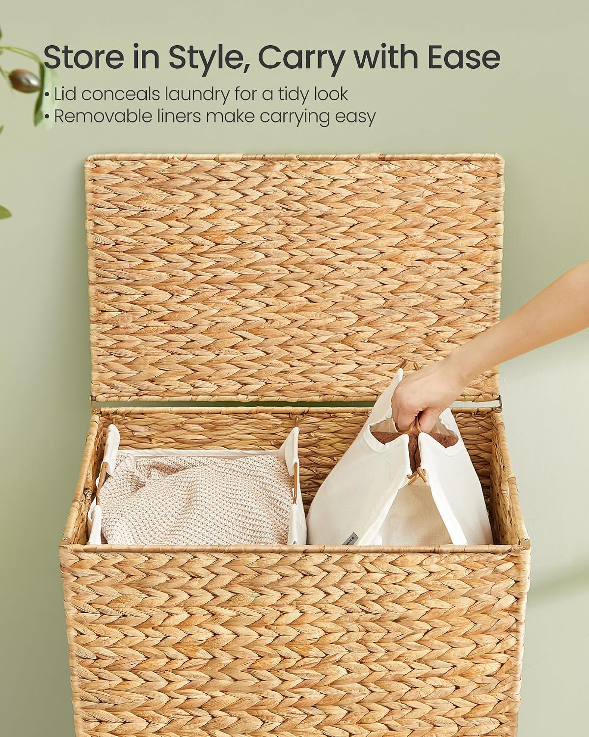 SONGMICS Laundry Hamper 3 Sections, 47.5 Gal. (180 L) Handwoven Water Hyacinth Wicker Laundry Basket with Lid, Natural Material, Removable Machine Washable Liners, Handles, Natural ULCB203Y01