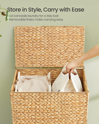 SONGMICS Laundry Hamper 3 Sections, 47.5 Gal. (180 L) Handwoven Water Hyacinth Wicker Laundry Basket with Lid, Natural Material, Removable Machine Washable Liners, Handles, Natural ULCB203Y01