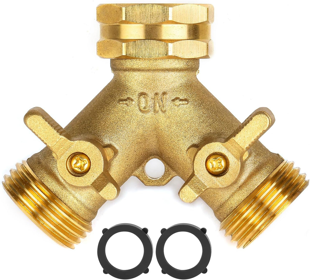 Garden Hose Splitter 2 Way Heavy Duty, Brass Faucet Adapter With Long Handle For Gardening Water Hose Shut Off Valve Hose Connector Fittings Outdoor Water Spigot Hose Bib Y Splitter