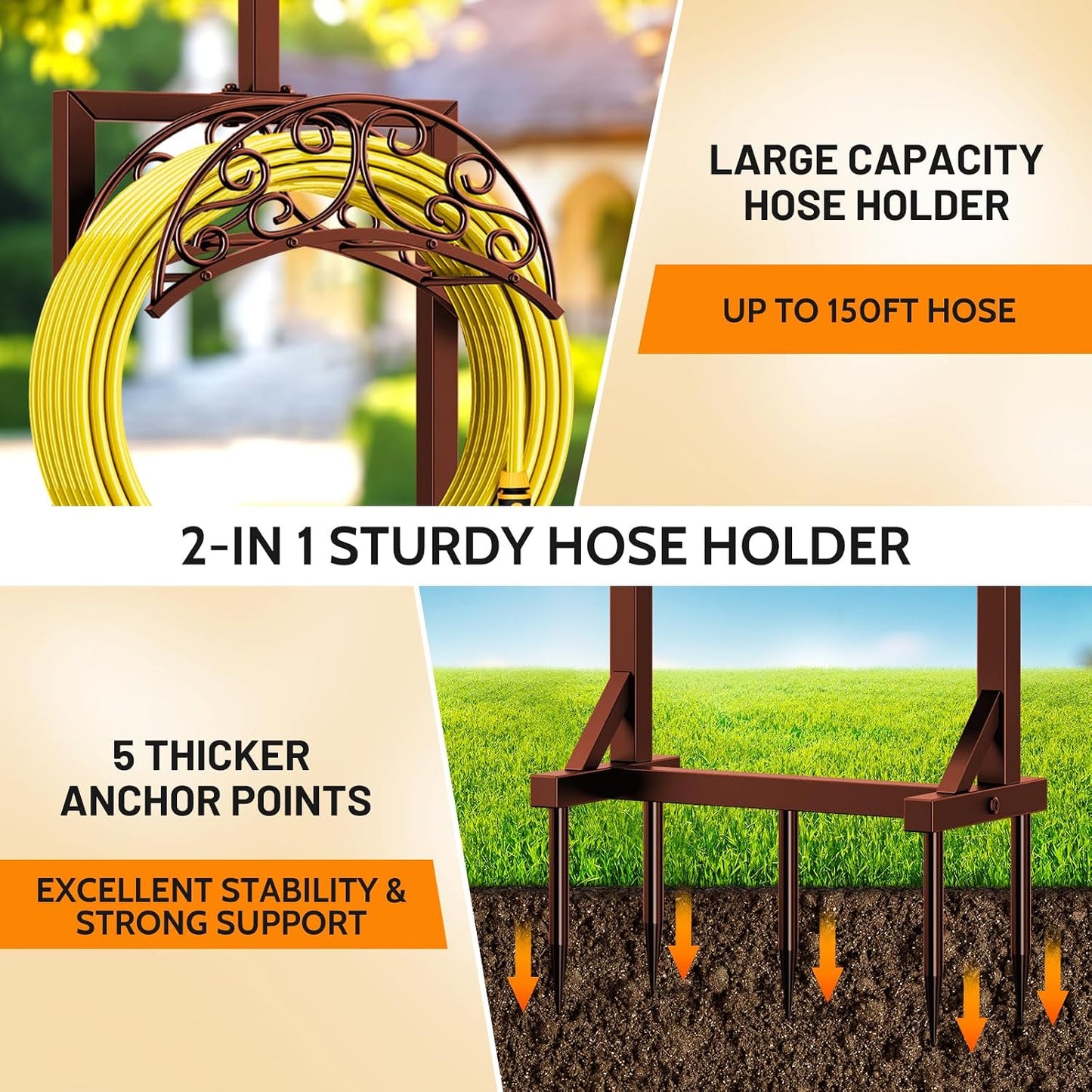 Garden Hose Holder for Outside - Upgraded Water Hose Holders with 5 Spikes & 2 Shepherds Hooks, Freestanding Hose Stand Heavy Duty Hose Hanger Hose Storage Hose Reel Rack for Outside Yard Lawn
