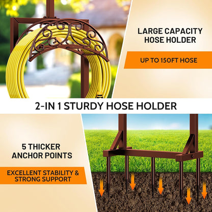 Garden Hose Holder for Outside - Upgraded Water Hose Holders with 5 Spikes & 2 Shepherds Hooks, Freestanding Hose Stand Heavy Duty Hose Hanger Hose Storage Hose Reel Rack for Outside Yard Lawn