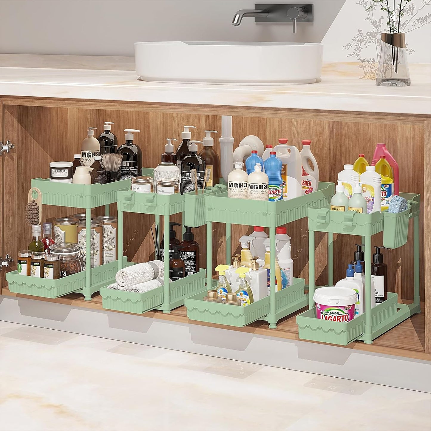 Sevenblue 4-Pack 2-Tier Under Sink Organizer with Pull Out Drawers | Multi-use kitchen & bathroom storage. Includes hanging hooks and cups. Black, space-saving cabinet design.