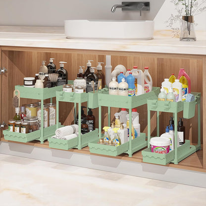 Sevenblue 4-Pack 2-Tier Under Sink Organizer with Pull Out Drawers | Multi-use kitchen & bathroom storage. Includes hanging hooks and cups. Black, space-saving cabinet design.