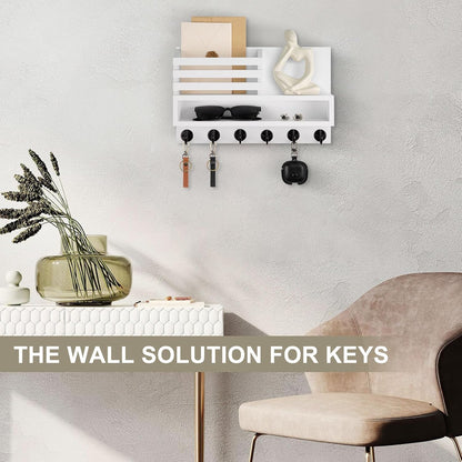 Key and Mail Holder Wall Mount, Key Hanger with Long Storage Box and 5 Hooks for Coat, Dog Leash, Home Decor Rack, House Accessories, Entry Way Organizer 11.8”W x 7.8”H x 3.2”D