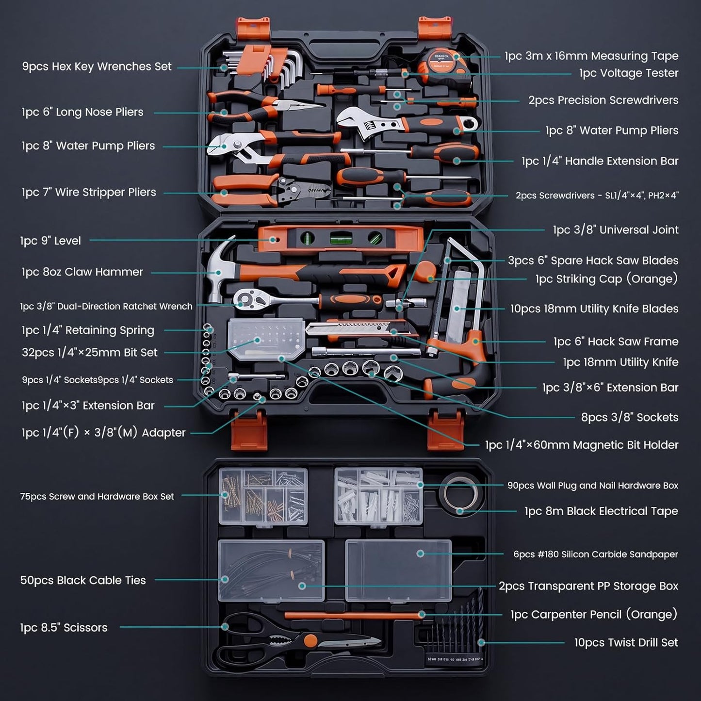 DUMOS 330-Piece Complete Homeowners Tool Box Set with Pull-Out Drawer | Durable Tool Kit, Versatile Home Repair Tool Kit for Auto & Household, DIY Projects