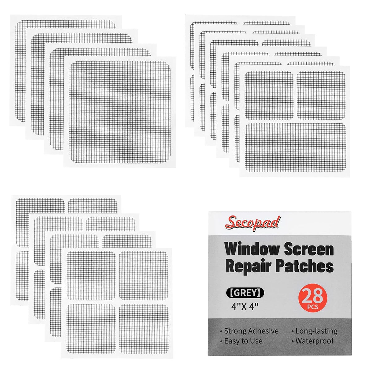 Secopad 14 Sheets Window Screen Patches Repair Kit, Black 3 Sizes Window Screen Repair Kit for Mesh Screen Door, Strong Adhesive Fiberglass Quick Screen Repair Tape