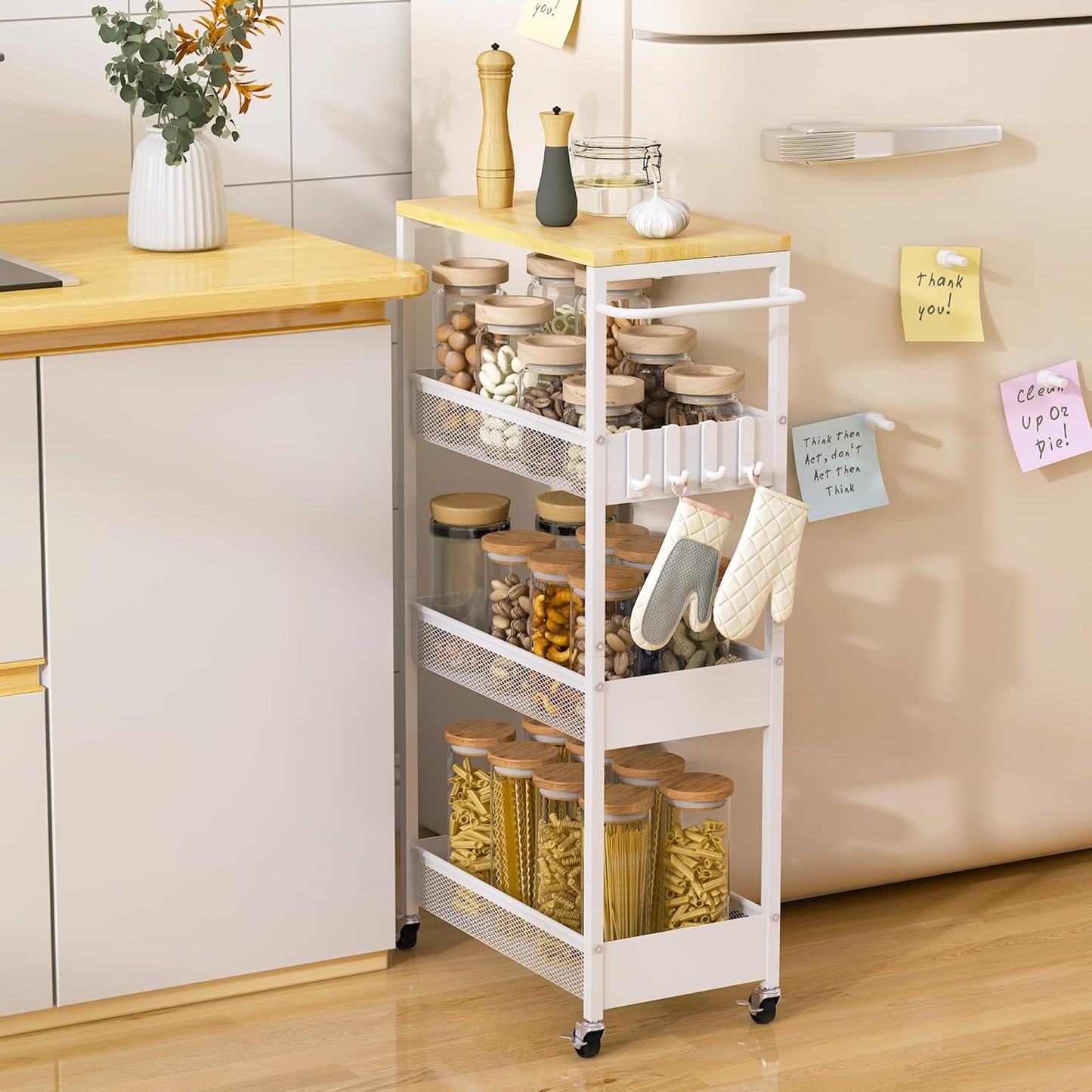 Vincona 7.1" Wide Slim Storage Cart on Wheels, 4 Tier Metal Narrow Rolling Cart with Handle and Wood Top, Multifunctional Small Mobile Shelf Unit Organizer Trolley for Laundry, Bathroom, Kitchen