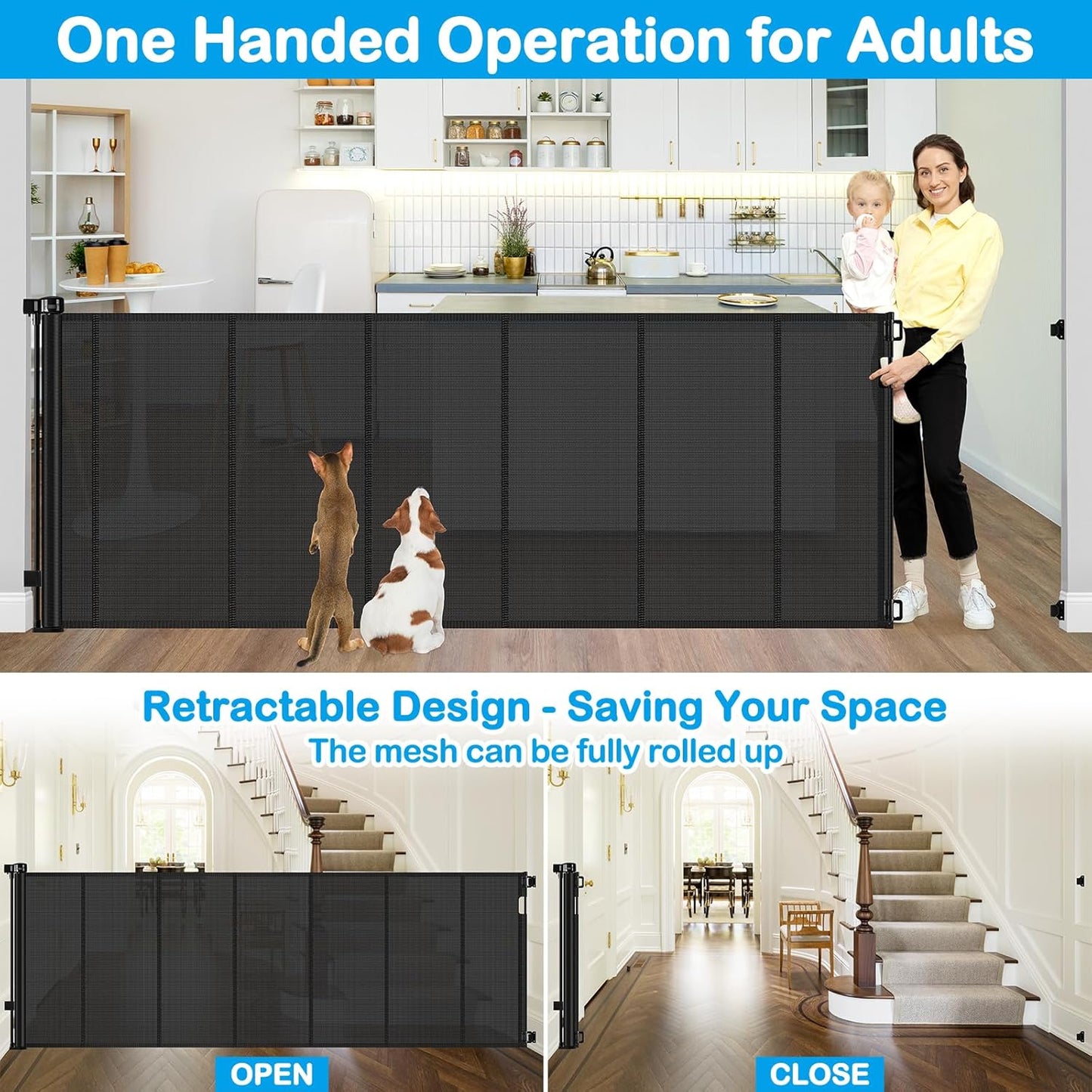 42 Inch Extra Tall Retractable Baby Gates with Reinforced Strips 55 Inch Wide Outdoor Retractable Dog Gate No Sag Extra Tall Baby Gate for Doorway Anti-Scratch Mesh Gates for Kids or Pets, White