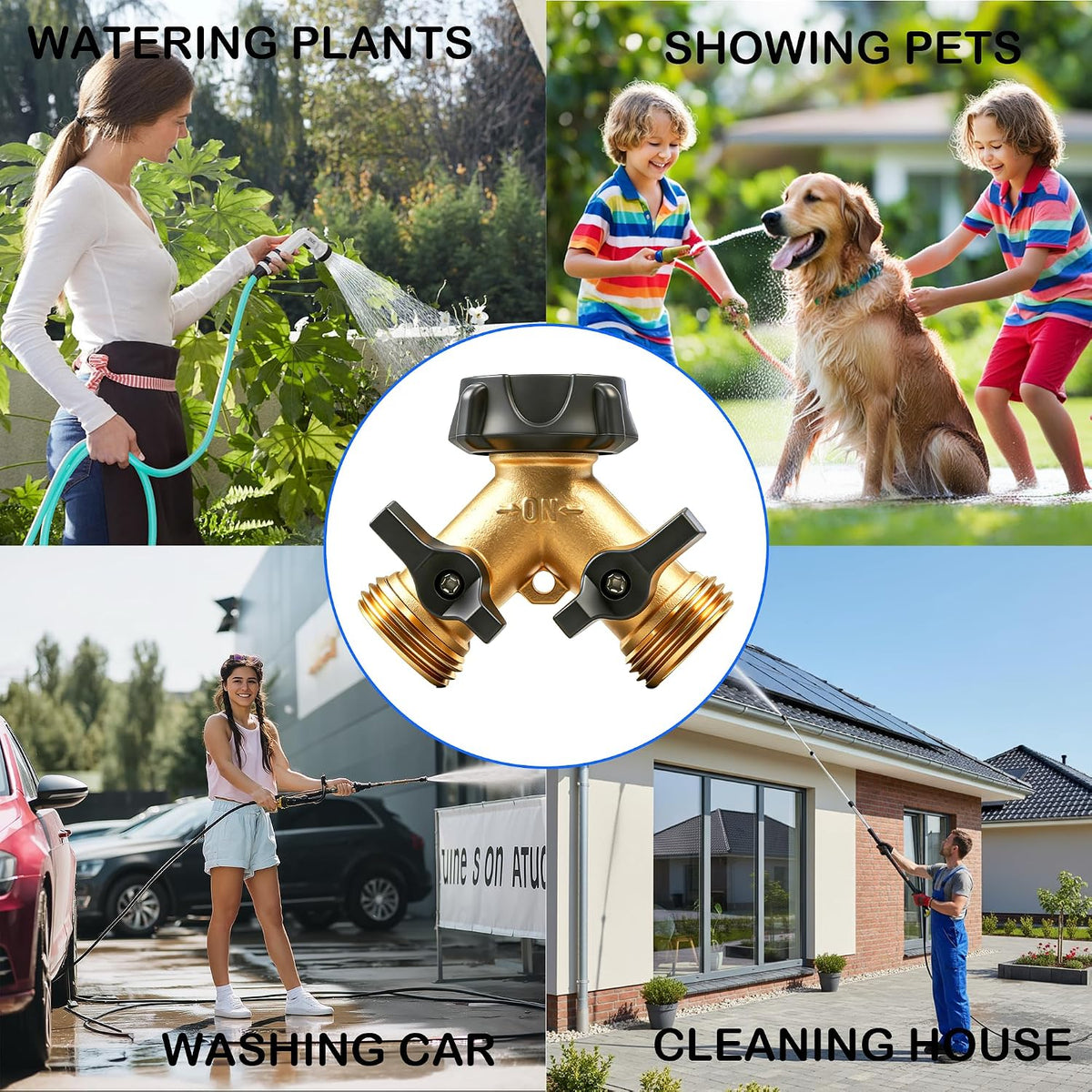 LIULO TOOL Brass Garden Hose Splitter 2 Way, Hose Y Splitter 3/4 Inch Heavy Duty Brass Hose Connector Tap Splitter, Hose Spigot Adapter 2 Valves with Rubber Washers