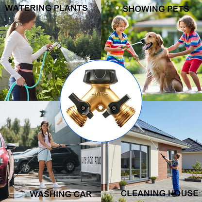 LIULO TOOL Brass Garden Hose Splitter 2 Way, Hose Y Splitter 3/4 Inch Heavy Duty Brass Hose Connector Tap Splitter, Hose Spigot Adapter 2 Valves with Rubber Washers