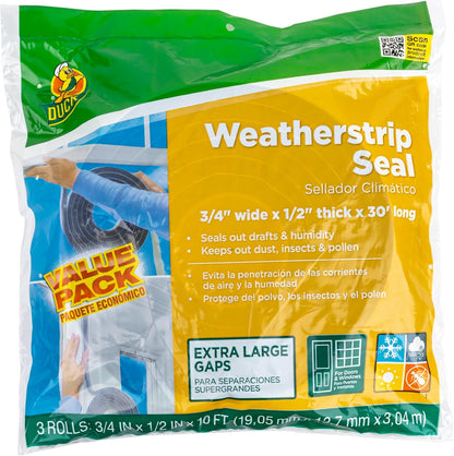 Duck Brand Self Adhesive Foam Weatherstrip Seal for Extra Large Gaps, 30 Total Feet, Window and Door Seal Strip Foam Tape, 3/4-Inch Wide x 1/2-Inch Thick x 10-Feet Long, 3 Rolls, Charcoal (284424)
