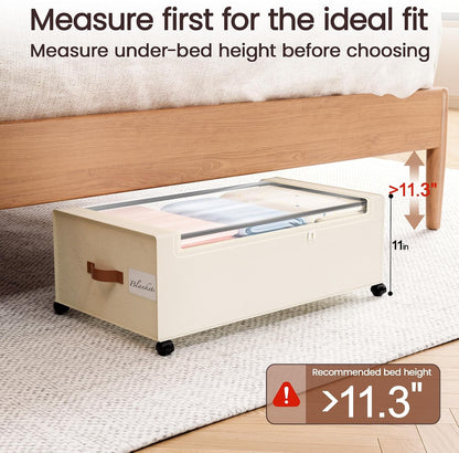 Yecaye Under Bed Storage with Wheels, 2 Pack Under Bed Storage Containers, 60L Underbed Shoe Storage with Clear Window & Label, Rolling Under Bed Metal Drawer for Clothes, Shoes, Books, Blankets