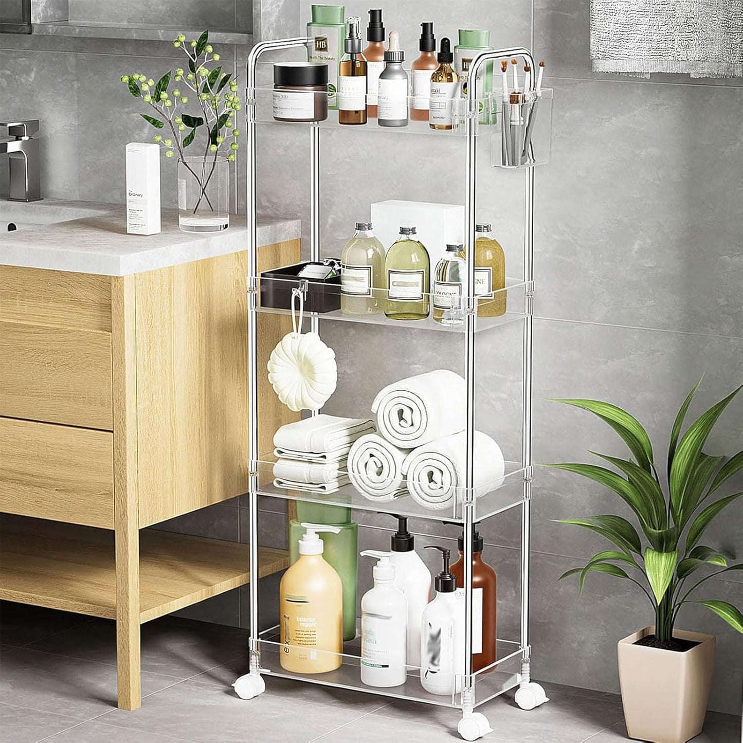 SPACEKEEPER 3 Tier Acrylic Storage Rolling Cart Clear Bathroom Cart Organizer, Transparency Laundry Room Organization Mobile Shelving Unit Multifunction Rolling Utility Cart for Office Living Room