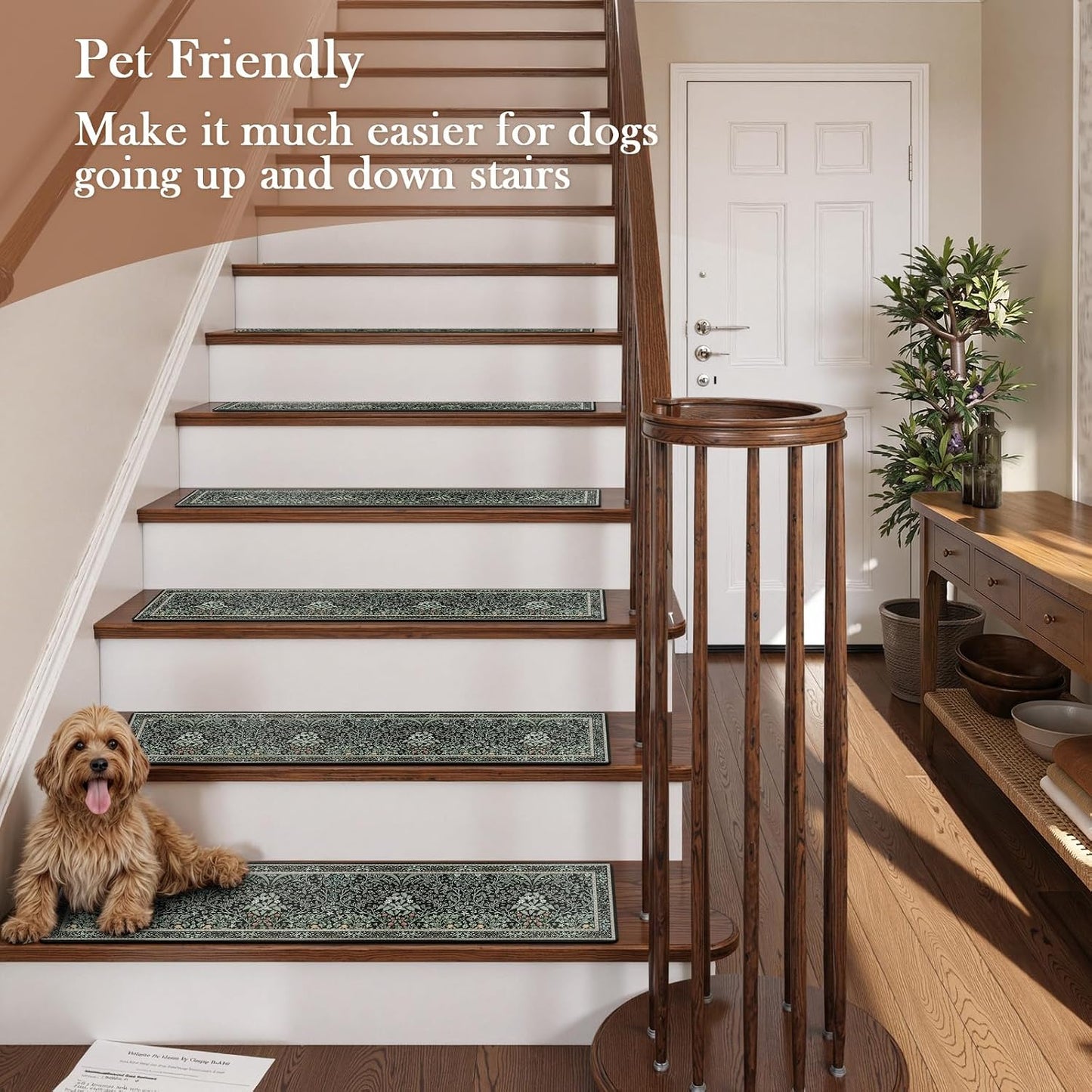 OJIA Floral Stair Treads Non-Slip Stair Runner for Wooden Steps Indoor 15PCS 30"x8" Carpet Stair Treads Stair Mats Staircase Step Treads for Kids, Elders and Dogs, Stair Covers, Black
