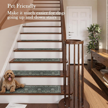 OJIA Floral Stair Treads Non-Slip Stair Runner for Wooden Steps Indoor 15PCS 30"x8" Carpet Stair Treads Stair Mats Staircase Step Treads for Kids, Elders and Dogs, Stair Covers, Black