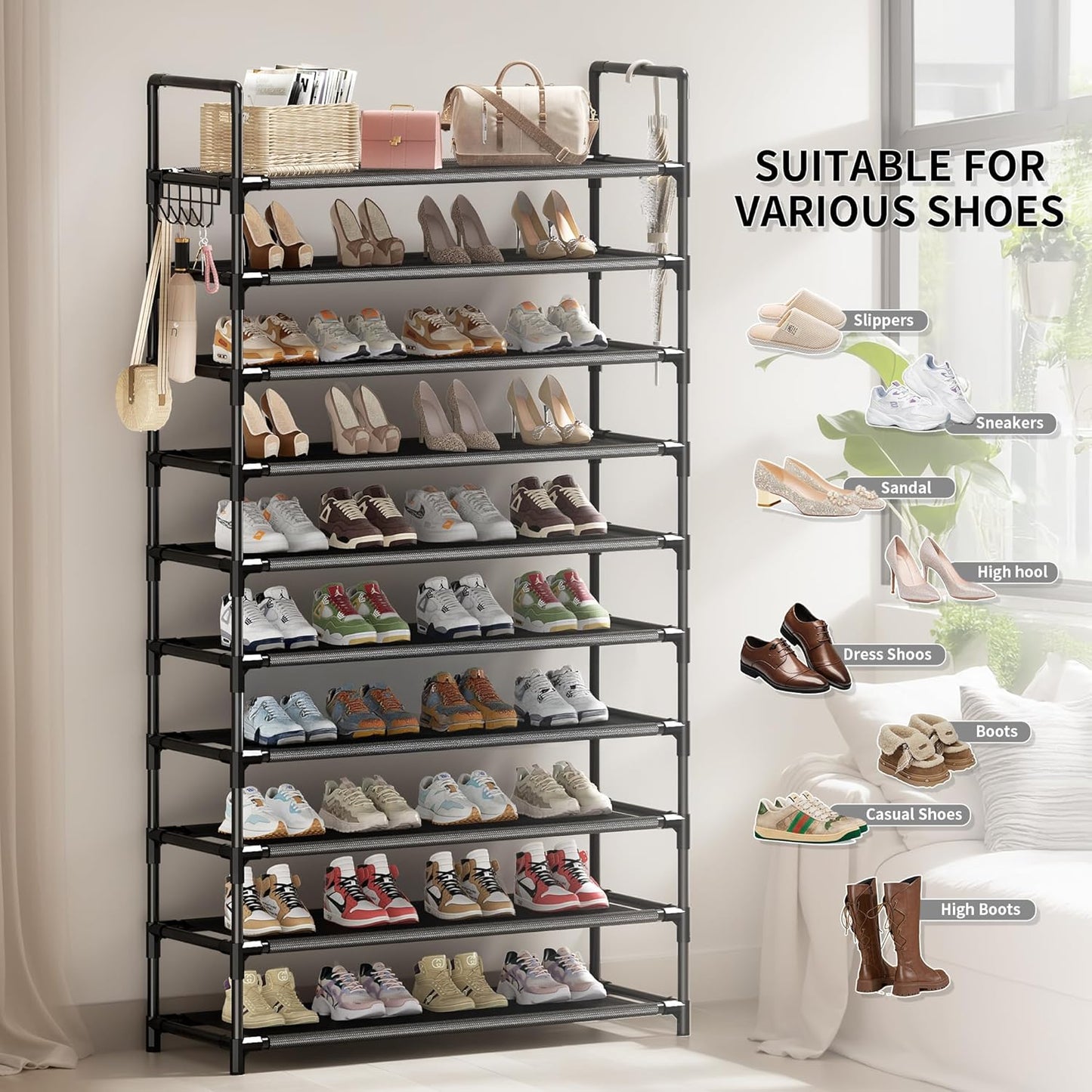 Shoe Rack, 10 Tier Shoe Storage Organizer with Hooks,Fit 40-45 Pairs Shoes,Metal Tall Shoe Shelf for Closet,Entryway, Hallway,Garage,Bedroom,Cloakroom