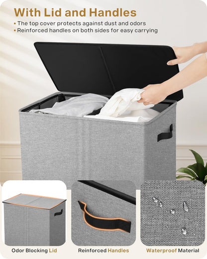 SOLEDI Luxury Double Laundry Hamper with Lid and Removable Bags, 38.3 Gal Large Laundry Bin, Laundry Basket 2 Sections, Collapsible Clothes Hamper for Bedroom, Laundry Room, Bathroom, Off-white