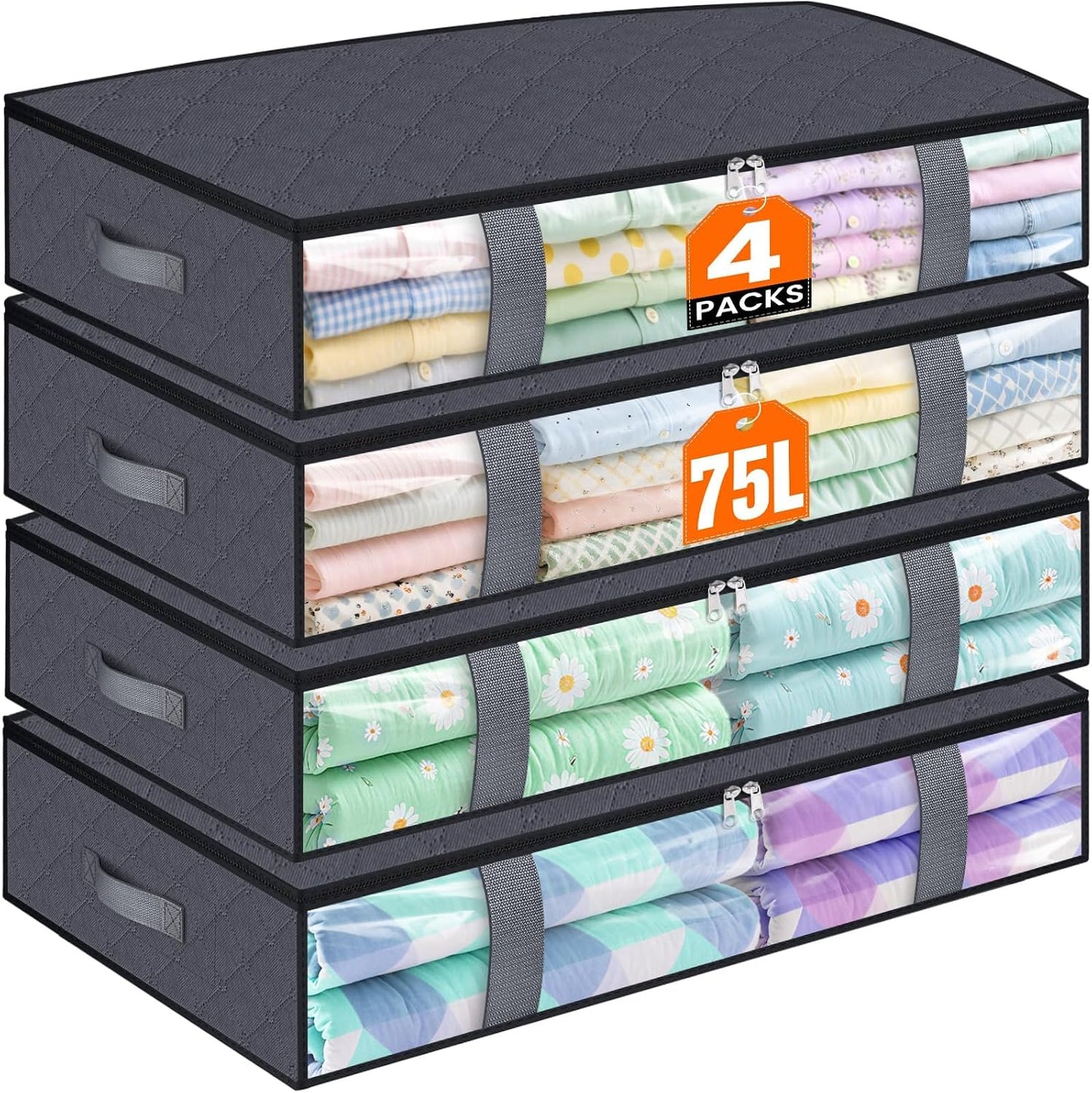 TasticTotes Under Bed Storage Containers, 4 Pack Blanket Storage Bags, Collapsible Storage Bags with Big Zippers, Clear Front, Shoe Storage and Organization for Clothes, Comforter, 60L, Grey