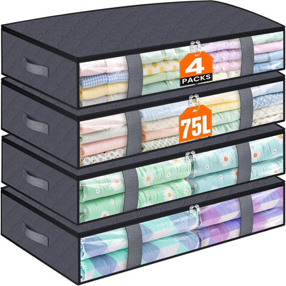 TasticTotes Under Bed Storage Containers, 4 Pack Blanket Storage Bags, Collapsible Storage Bags with Big Zippers, Clear Front, Shoe Storage and Organization for Clothes, Comforter, 60L, Grey