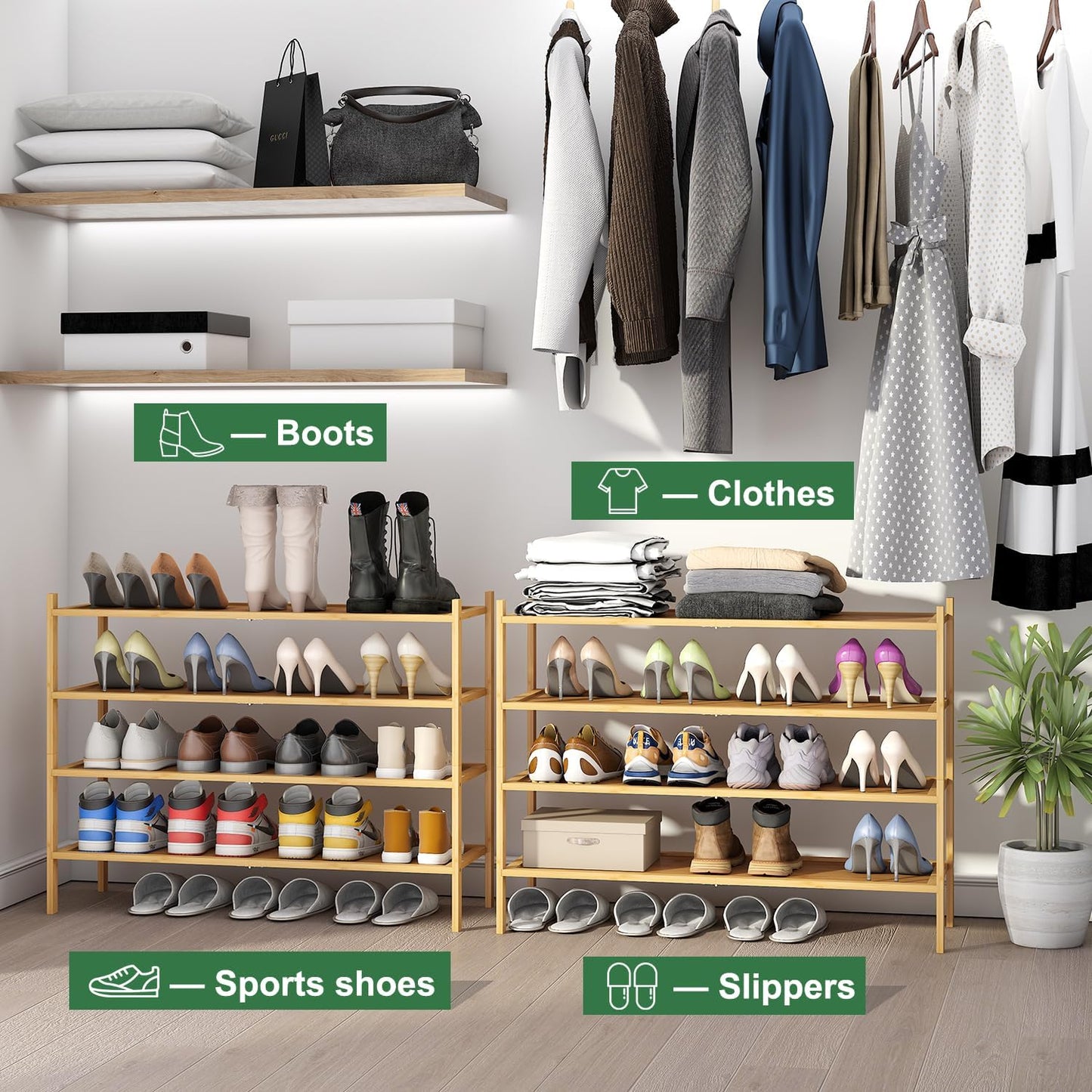 kiplant Small Shoe Rack, 4-Tier Bamboo Wood Shoe Rack for Entryway, Stackable Shoe Organizer for Hallway Closet, Free Standing Shoe Racks for Indoor & Outdoor