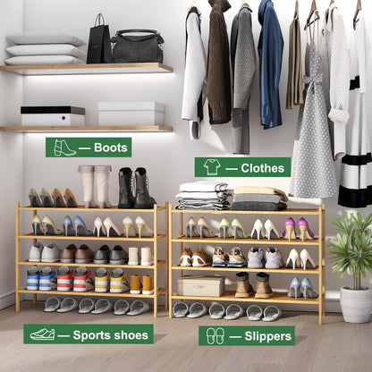 kiplant Small Shoe Rack, 4-Tier Bamboo Wood Shoe Rack for Entryway, Stackable Shoe Organizer for Hallway Closet, Free Standing Shoe Racks for Indoor & Outdoor