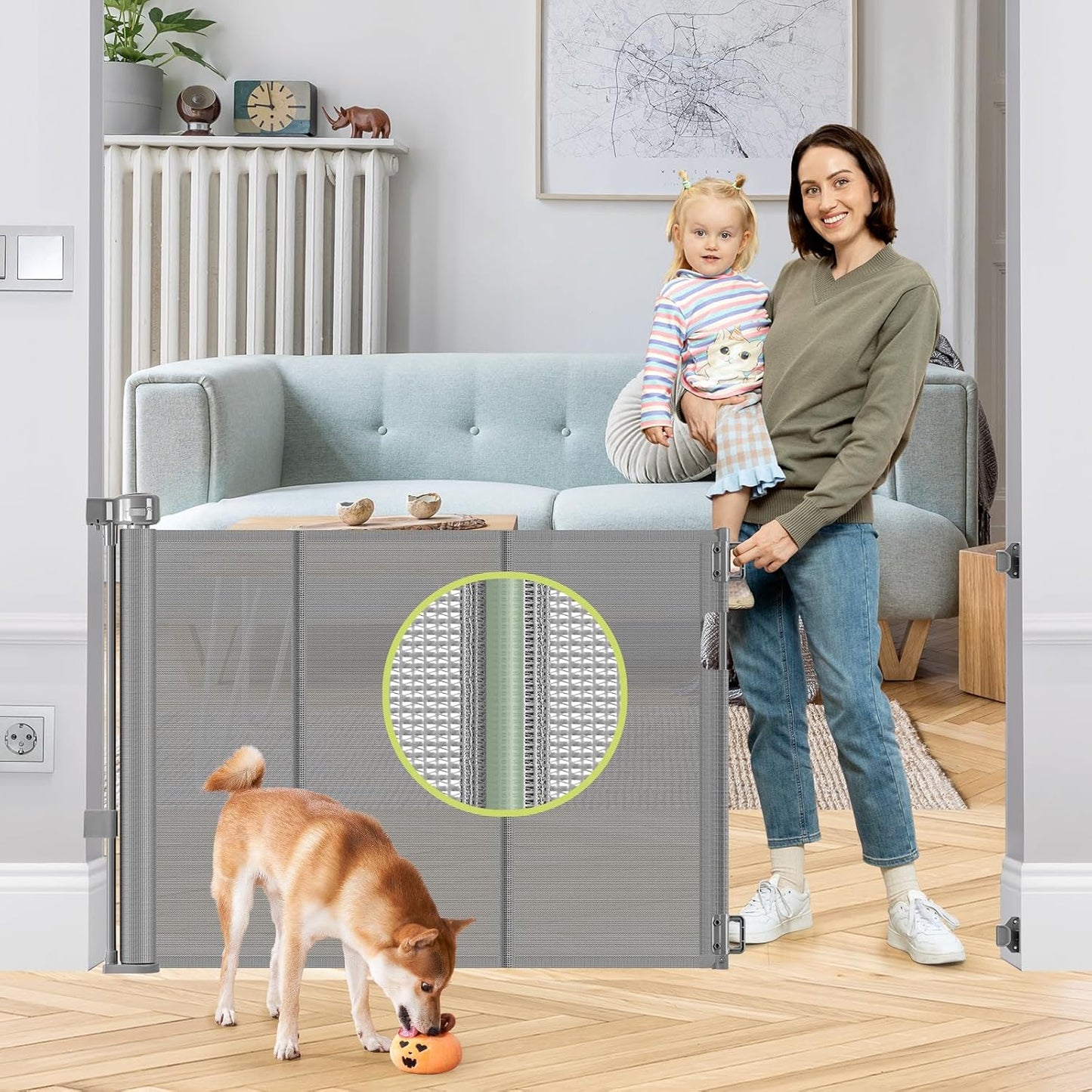 Reinforced 55" Wide Retractable Baby Gates with Reinforced Strips, Indoor/Outdoor Retractable Dog Gate for Doorway Prevent Bottom Drilling Through, No Bottom Bar Safety Mesh Baby Gate for Stair, Black