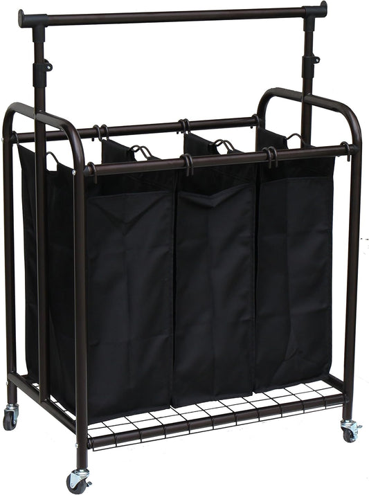 Oceanstar TLS1385 3-Bag Rolling Adjustable Hanging Bar Laundry Sorter, Bronze