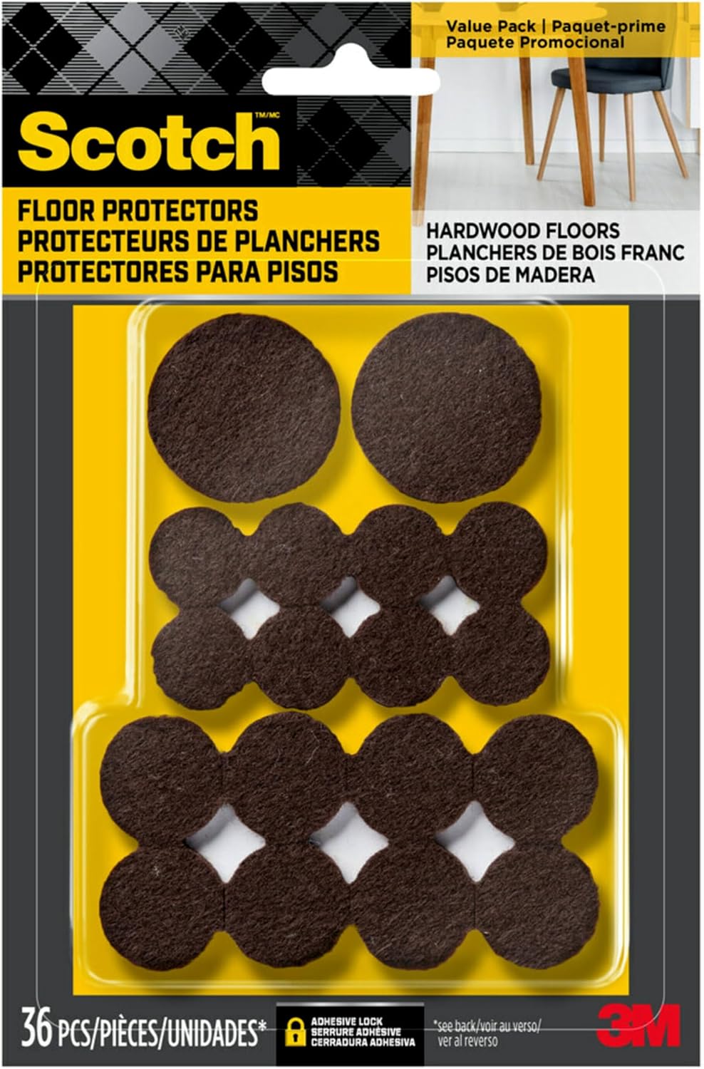 Scotch Felt Pads 162 PCS Brown, Felt Furniture Pads for Protecting Hardwood Floors, Round, Assorted Sizes Value Pack, Self-Stick design, Protecting from nicks, dents and scratches (SP847-NA)