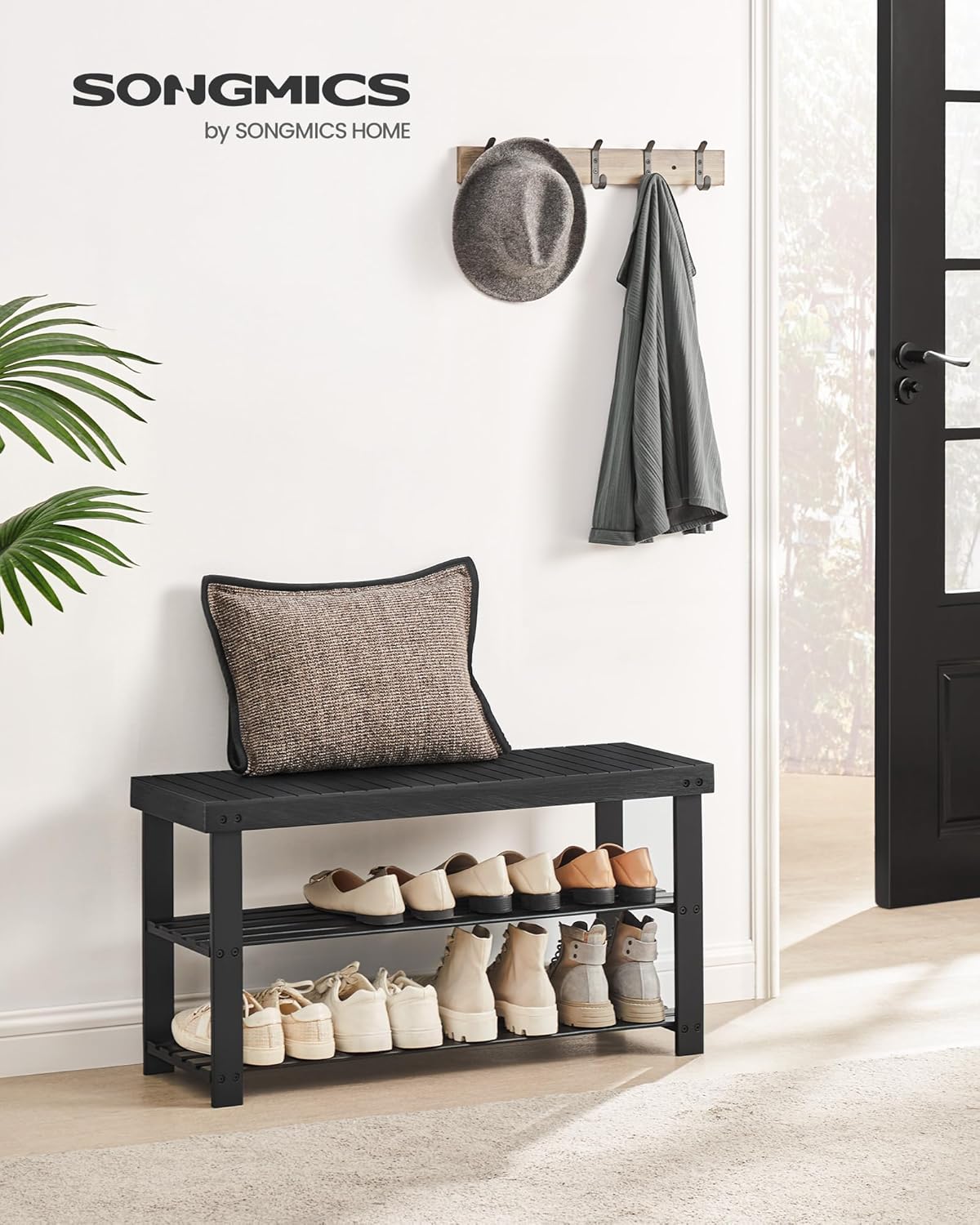 SONGMICS Shoe Rack Bench, 3-Tier Bamboo Shoe Storage Organizer, Entryway Bench, Holds Up to 286 lb, 11.3 x 27.6 x 17.8 Inches, for Entryway Bathroom Bedroom, Ink Black ULBS04H