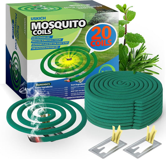 Mosquito Coils Outdoor Patio Fresh Scent,Use Reaches Up to 10 feet, Each Mosquito Coil Burns for 5-7 Hours (Contains 20 coils & 2 Stands)