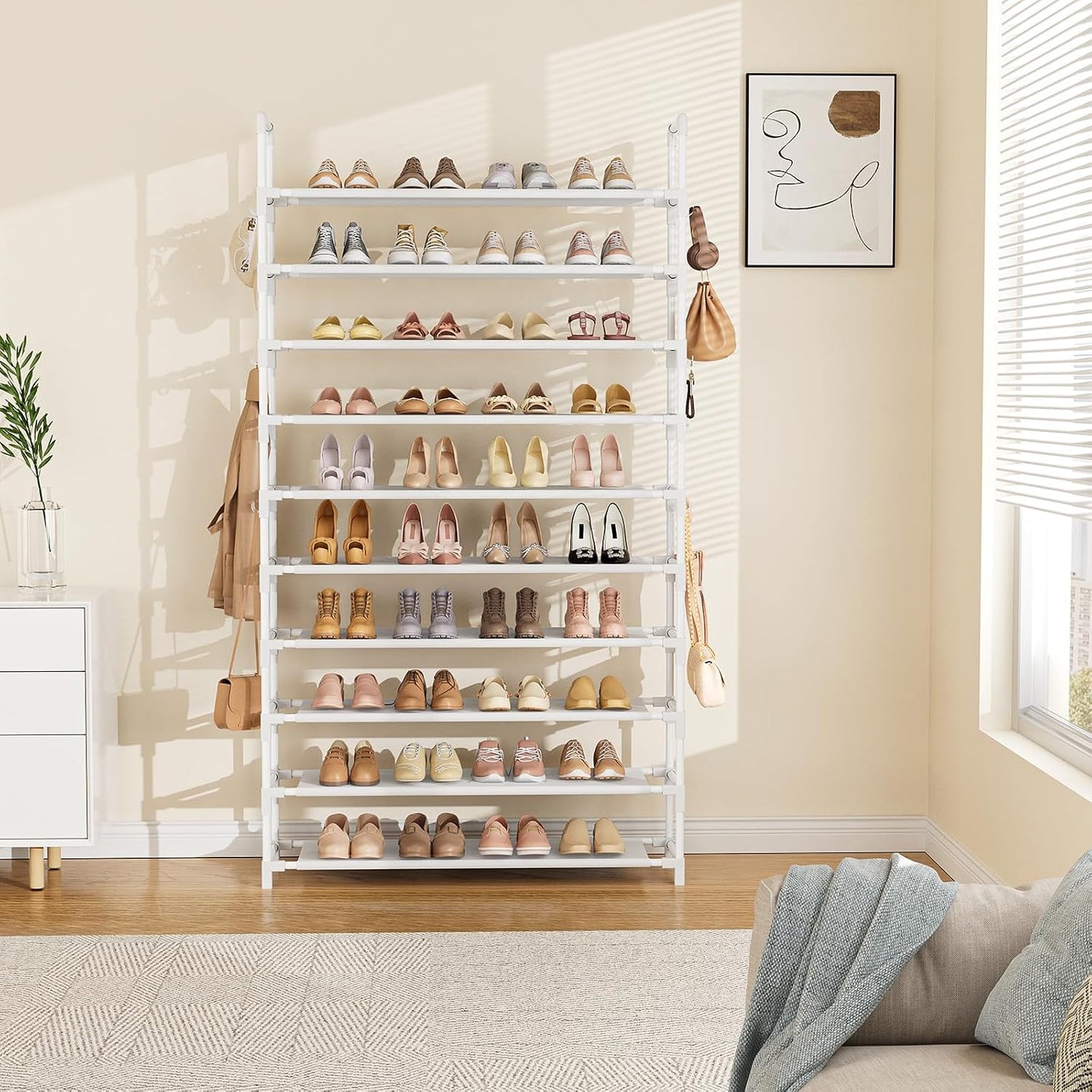 LANTEFUL 10 Tiers Tall Shoe Rack 20-25 Pairs Boots Organizer Storage Sturdy Narrow Shoe Shelf for Entryway, Closets with Hooks, Black