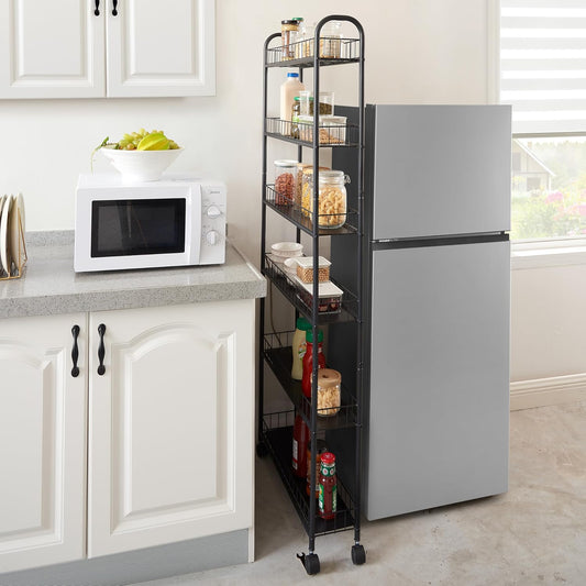 6-Tier Storage Cart Wire Slim Shelving Shelf with Wheels for Small Spaces, Rolling Tall Organizer Storage for Bathroom, Kitchen, Home, Garage, Bedroom, Closet (Black, 10“D)