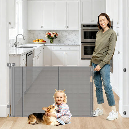 Reinforced 55" Wide Retractable Baby Gates with Reinforced Strips, Indoor/Outdoor Retractable Dog Gate for Doorway Prevent Bottom Drilling Through, No Bottom Bar Safety Mesh Baby Gate for Stair, Black