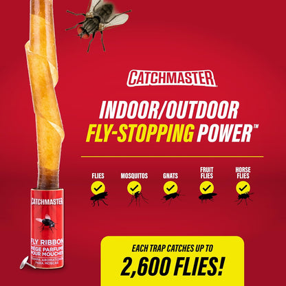 Catchmaster Fly Ribbon 20-Pack, Bug & Fly Traps Outdoor and Indoor, Premium Adhesive Sticky Strips & Gnat Hanging Strips, Bulk Flying Insect Paper Rolls, Pesticide-Free Home Pest Control