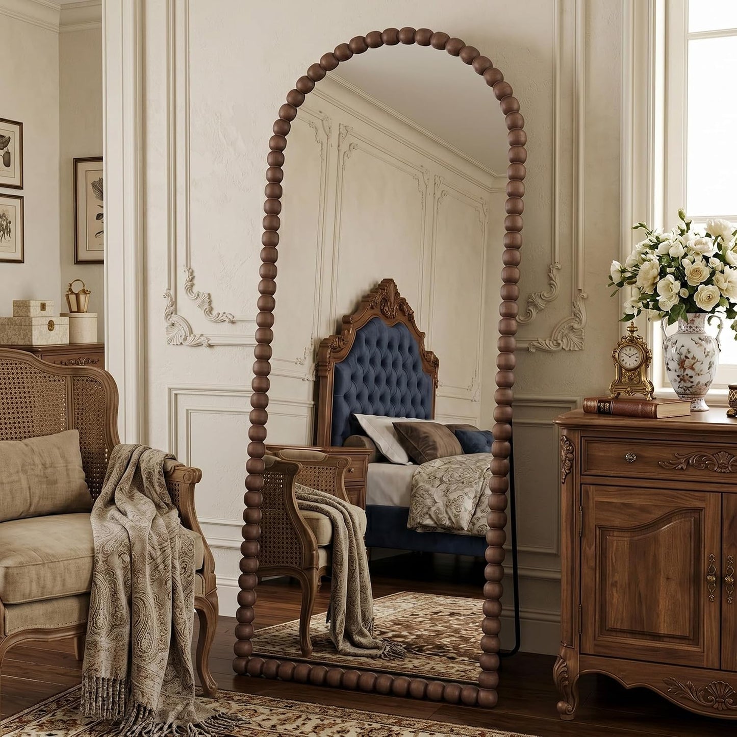 Antok 58" x 21" Arched Full Length Mirror, Antique Beaded Frame Floor Standing or Wall Mounted Mirror with Stand for Bedroom, Entryway, Brown, Luxury Style