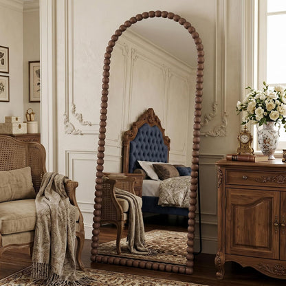 Antok 58" x 21" Arched Full Length Mirror, Antique Beaded Frame Floor Standing or Wall Mounted Mirror with Stand for Bedroom, Entryway, Brown, Luxury Style