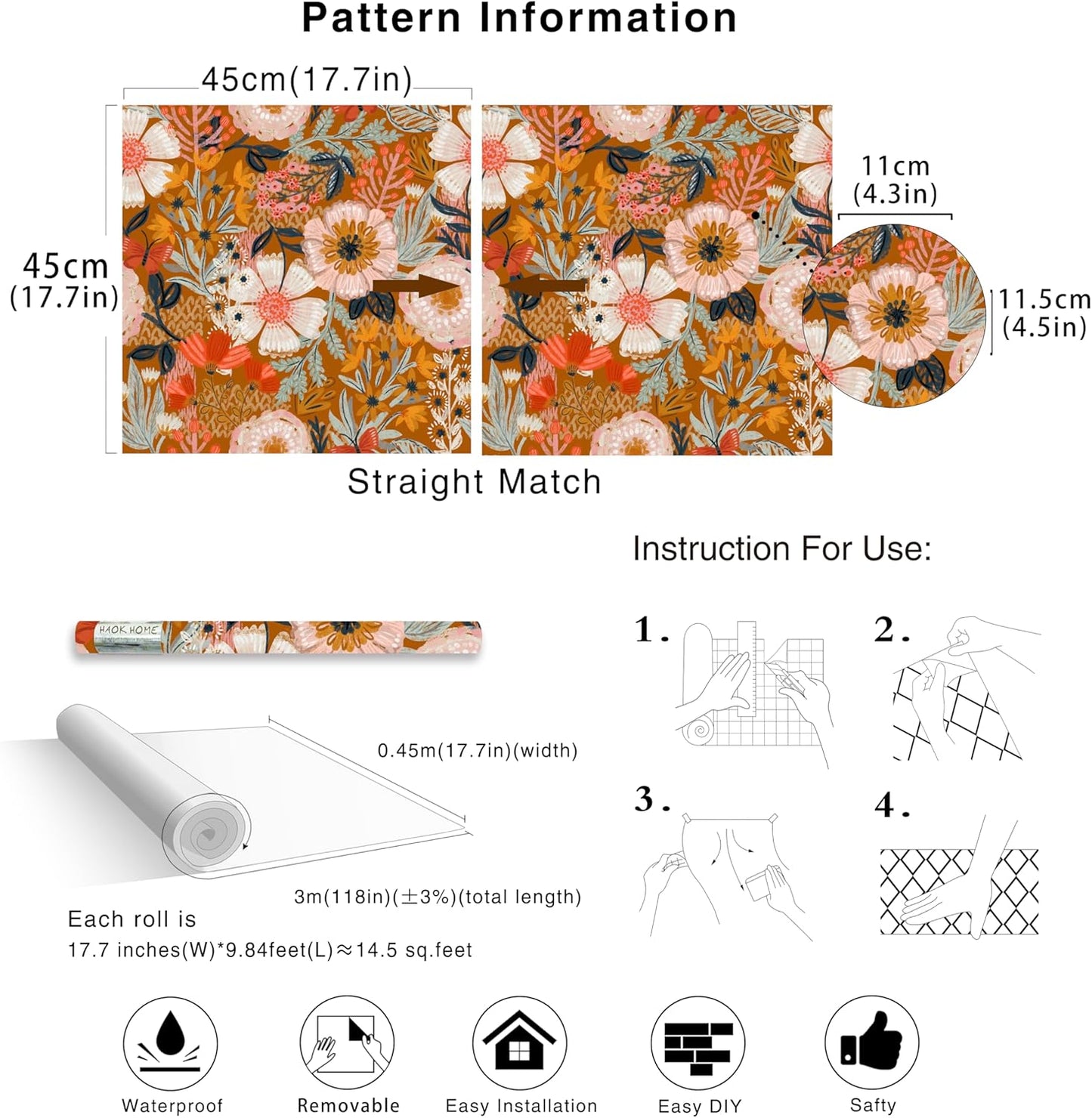 HAOKHOME Boho Peel and Stick Wallpaper Floral Wall Paper Removable for Bedroom Navy/Pink/Orange Contact Paper 17.7in x 9.8ft