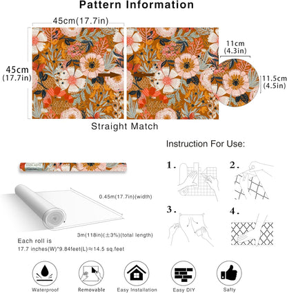 HAOKHOME Boho Peel and Stick Wallpaper Floral Wall Paper Removable for Bedroom Navy/Pink/Orange Contact Paper 17.7in x 9.8ft